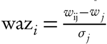 LaTeX formula: ${\mathrm{waz}}_{i}=\frac{{w}_{\mathrm{ij}}-{\stackrel{\bar }{w}}_{j}}{{\sigma }_{j}}$
