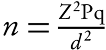 LaTeX formula: $n=\frac{{Z}^{2}\mathrm{Pq}}{{d}^{2}}$